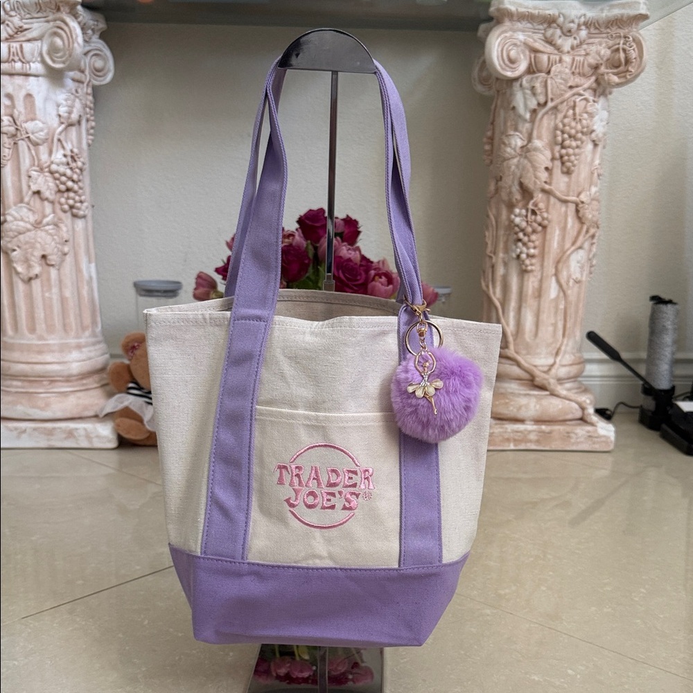 Trader Joe's Lavender and Cream Canvas Tote with Pom Key Charm